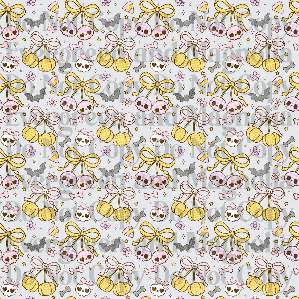 Pastel Halloween Skull Cherry Bow Bat Repeat Pattern