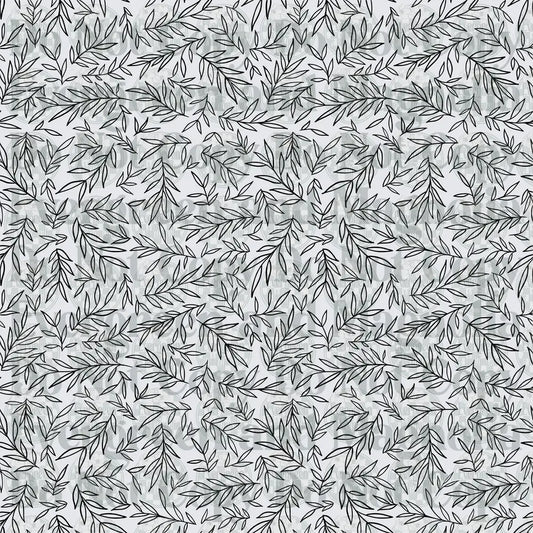 Black and White Scattered Leaf Branches Line Art Pattern