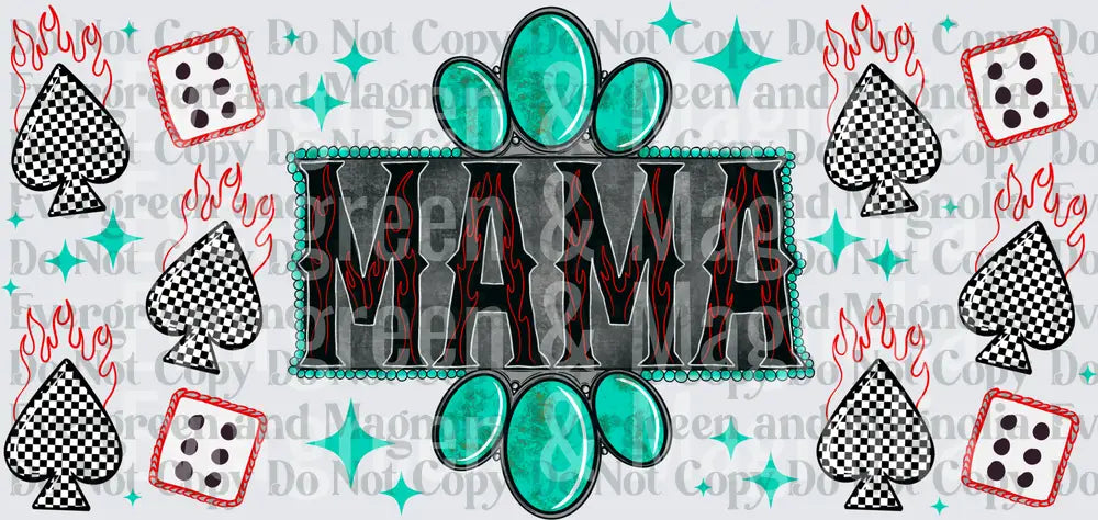 Mama Turquoise Stone Rockabilly Flame Checkered Spade Dice