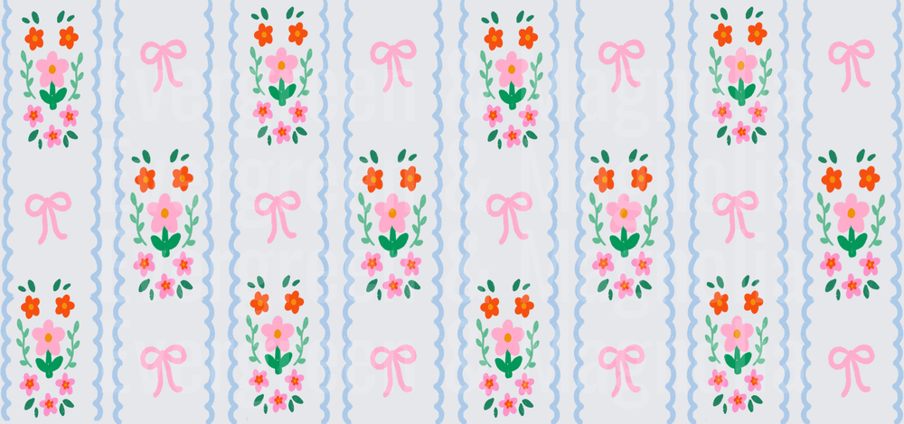 Coquette Floral Bouquet Pink Bow Rickrack Stripe Pattern