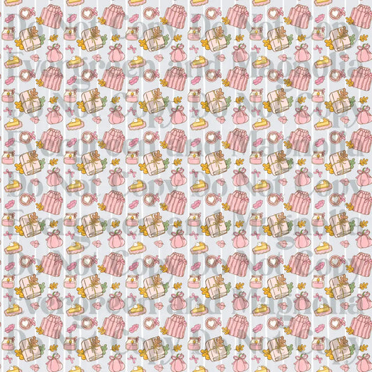 Pink Autumn Cozy Doodle Pattern Books Candles Pie Leaves