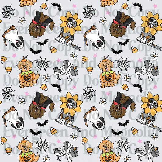 Halloween Dogs in Costumes Seamless Pattern with Bats Candy