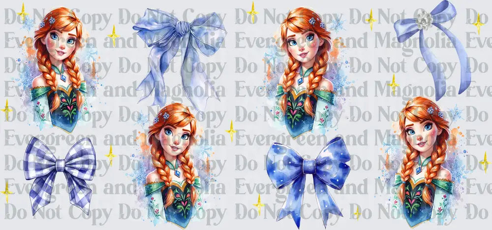 Watercolor Winter Princess with Blue Bows and Snowflakes