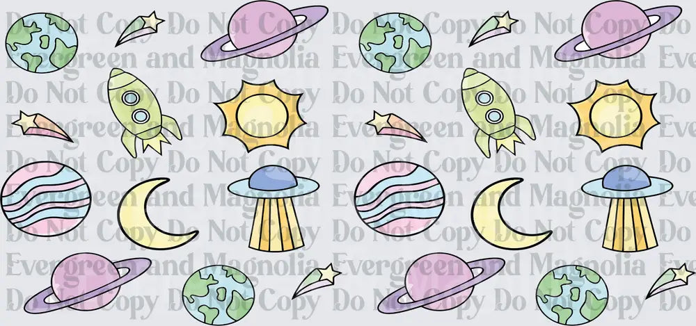 Pastel Outer Space Icons Earth Moon Rocket UFO Planet Sun