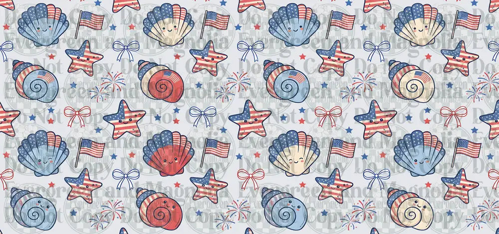 Patriotic Kawaii Seashells Stars Flags Fourth of July Pattern