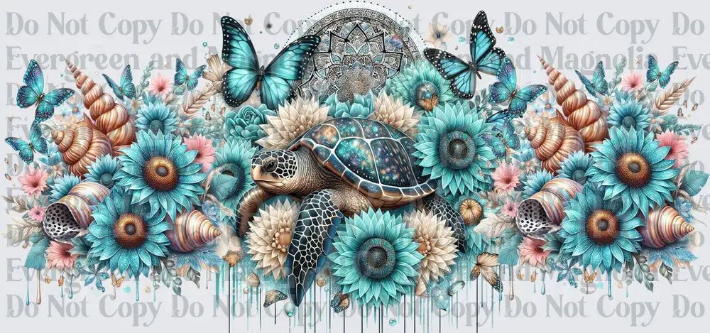 Sea Turtle Mandala Teal Sunflowers Butterflies Seashells