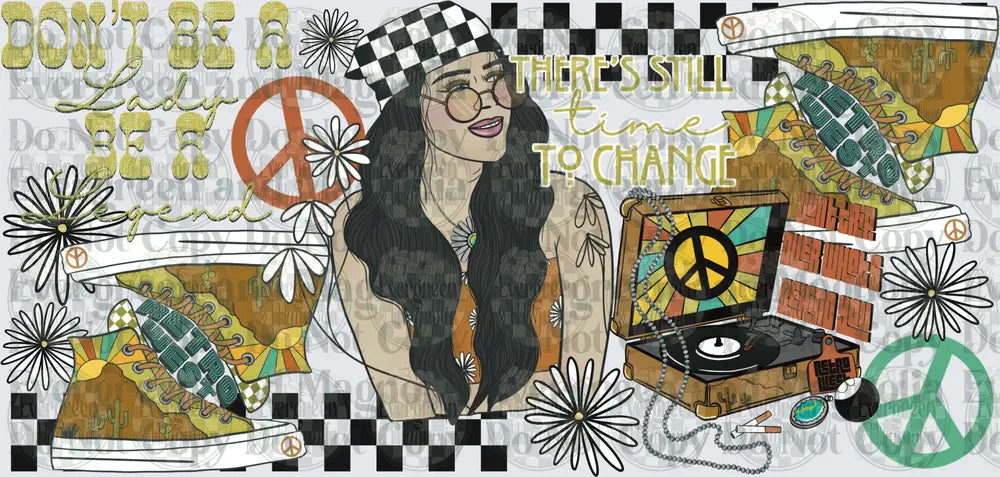 Retro Boho Girl Peace Sign Record Player Collage
