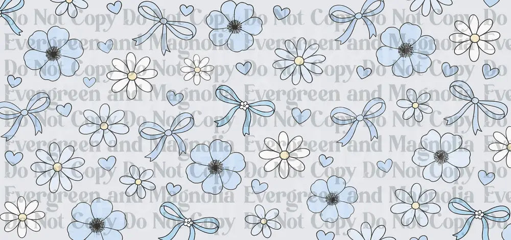 Soft Blue Floral Daisy Hearts and Bows Pattern