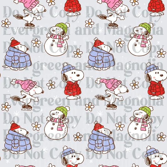 Winter Cartoon Dog Seamless Pattern Ice Skating Snowman