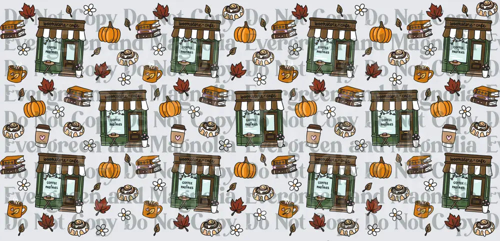 Fall Bookstore Cafe Seamless Pattern Pumpkins Cinnamon Rolls