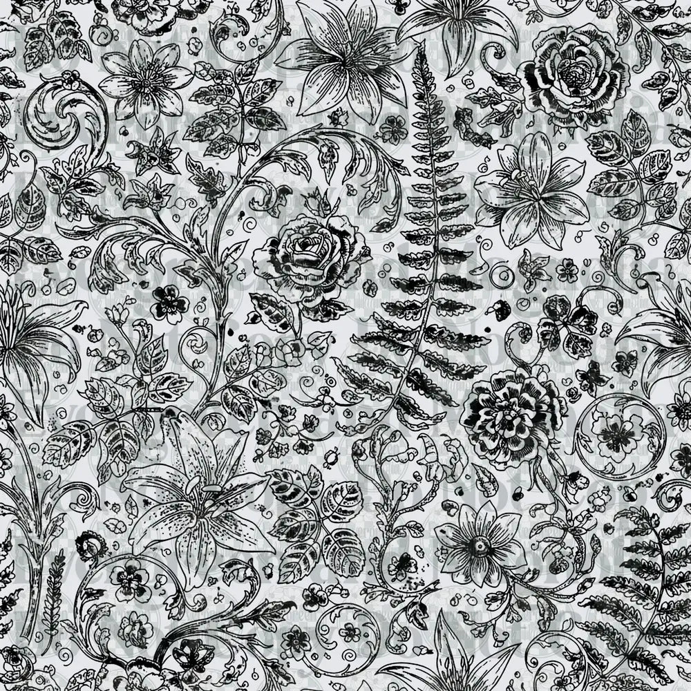 Black and White Vintage Botanical Floral Scroll Pattern