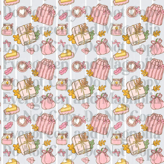 Pink Autumn Cozy Seamless Pattern Books Pumpkins Coffee