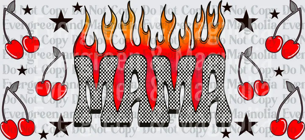 Flaming Checkered MAMA Text with Cherries and Stars