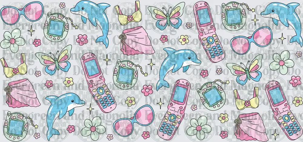 Y2K Pastel Dolphins Flip Phones Tamagotchi Butterflies Pattern