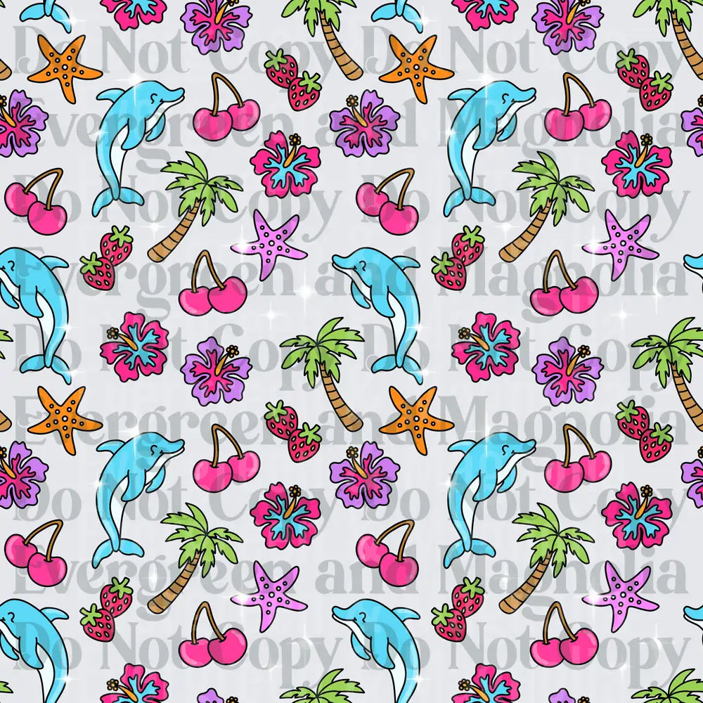 Tropical Summer Pattern Dolphins Hibiscus Palm Trees Cherries