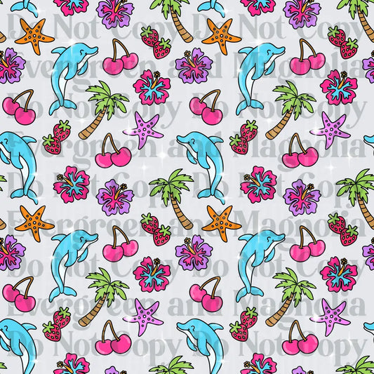 Tropical Summer Pattern Dolphins Hibiscus Palm Trees Cherries