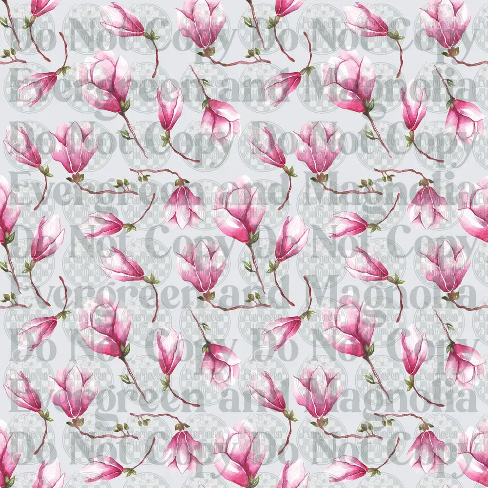 Watercolor Pink Magnolia Blooms Scattered Floral Pattern