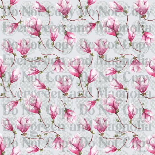 Watercolor Pink Magnolia Blooms Scattered Floral Pattern