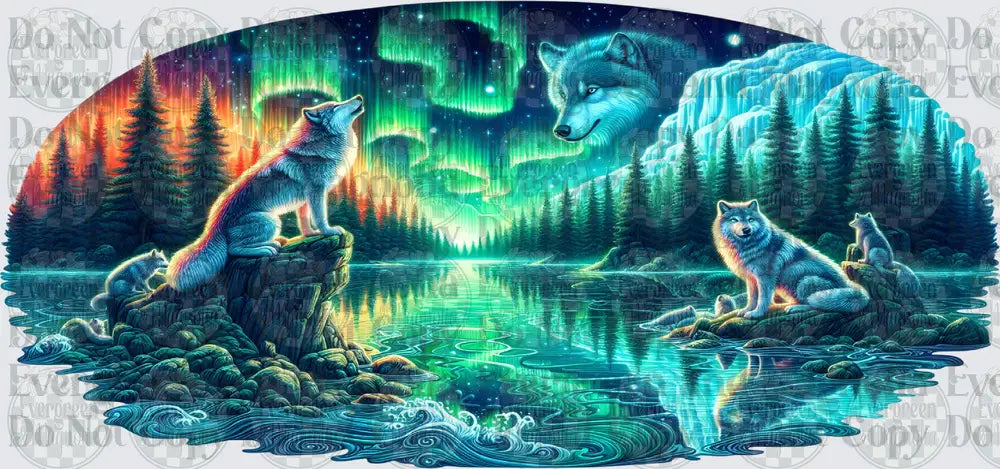 Mystical Wolves Aurora Borealis Wilderness Night Scene