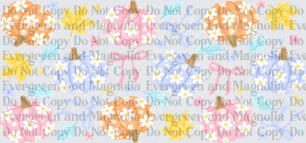 Pastel Daisy Pumpkins with Bows and Fall Leaves Pattern
