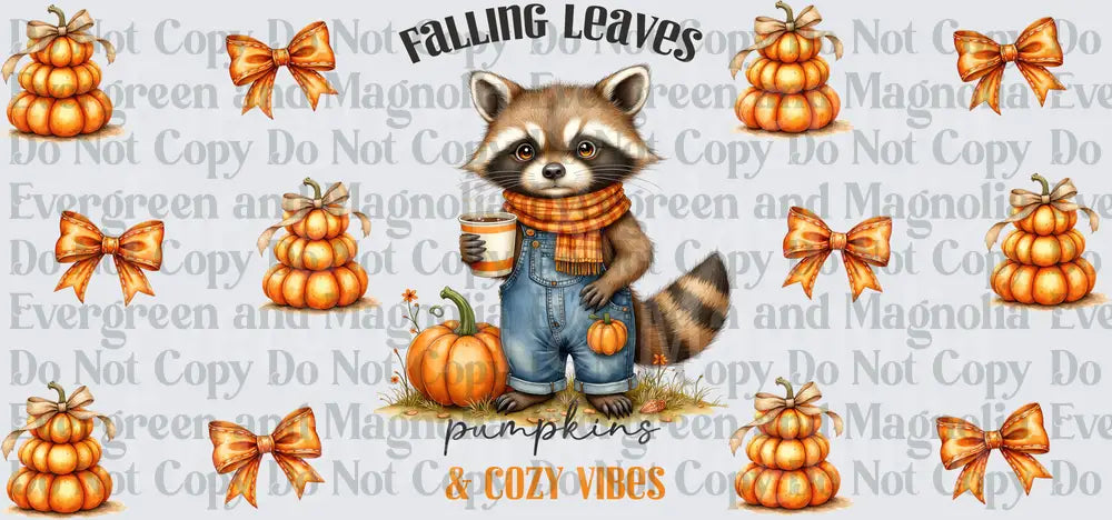 Falling Leaves Pumpkins & Cozy Vibes Raccoon in Overalls