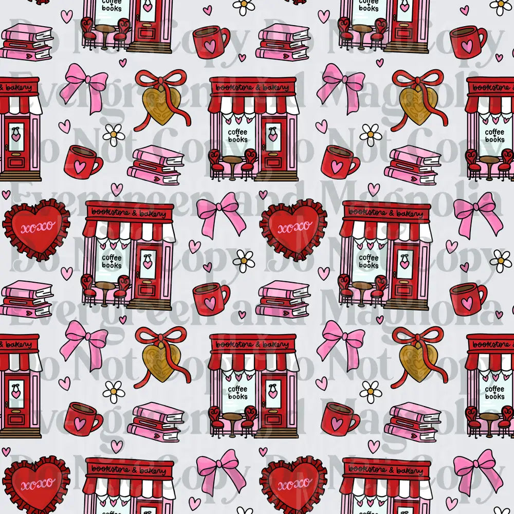 Valentine Bookstore Bakery Coffee Books Pattern Pink Red