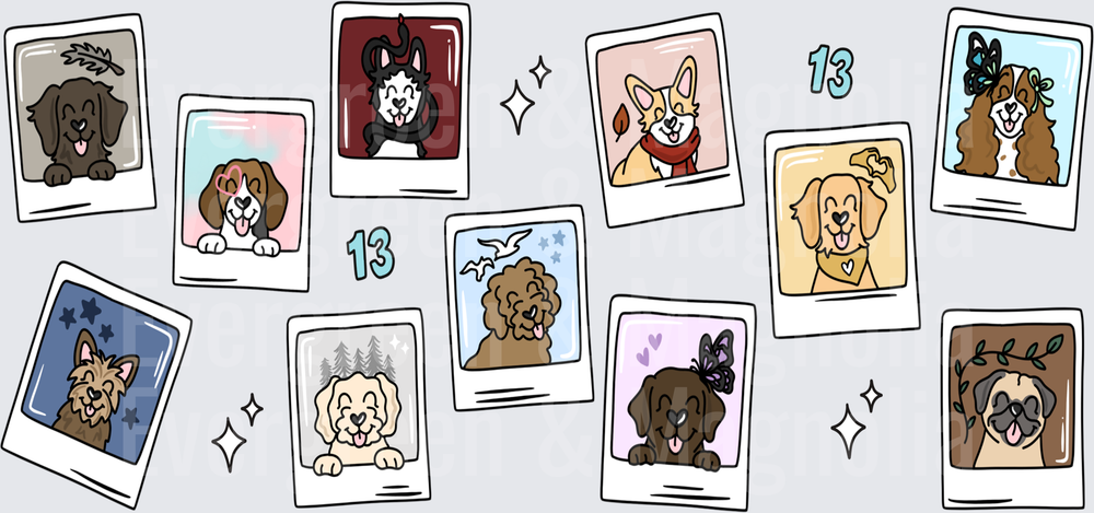Cute Dog Breed Polaroid Photo Collage with Sparkles