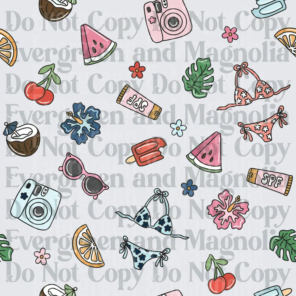 Retro Summer Beach Pattern Bikini Fruit Sunscreen Icons