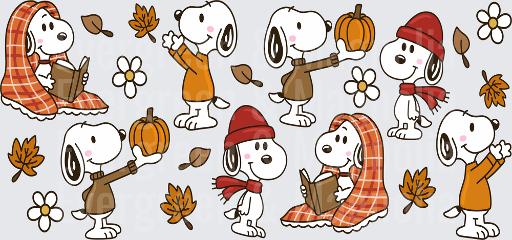 Cartoon Dog Fall Autumn Leaves Pumpkin Cozy Reading