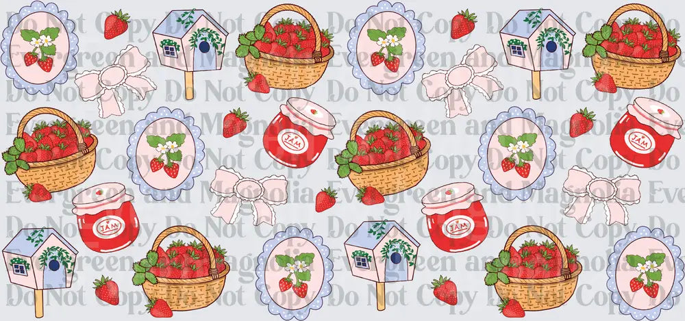Strawberry Jam Jars Baskets Birdhouse Bow Repeat Pattern