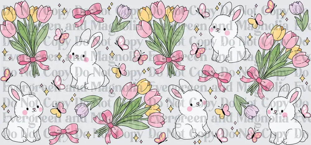 Cute White Bunnies Spring Tulips Bows Butterflies Pattern