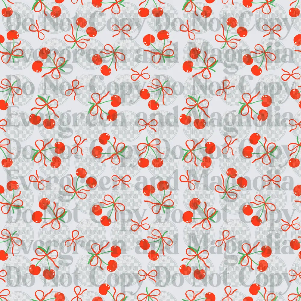 Red Cherry Bunches and Bow Ribbon Toss Pattern on White