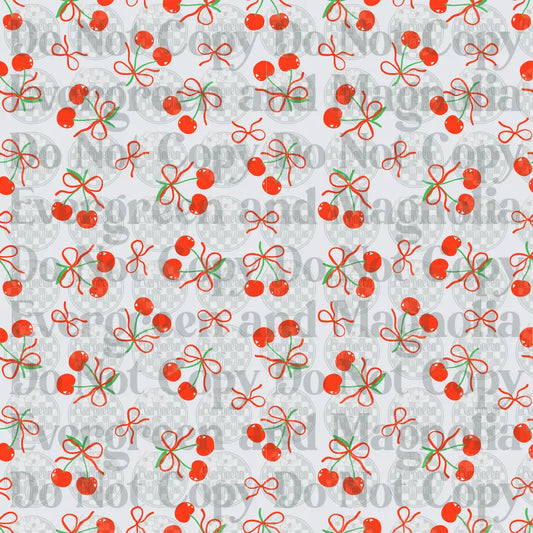 Red Cherry Bunches and Bow Ribbon Toss Pattern on White