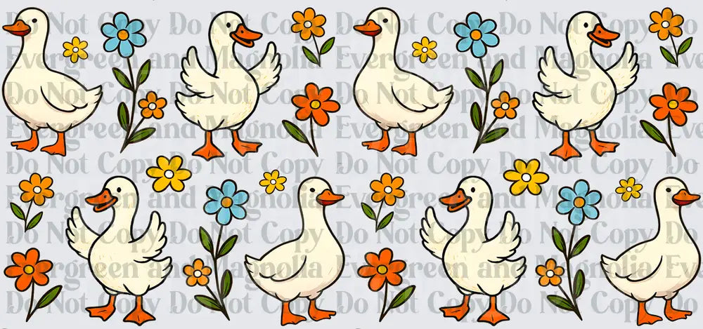 Cute White Geese and Retro Floral Pattern