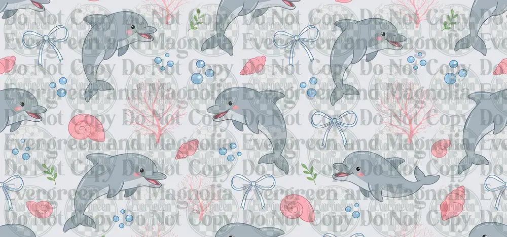 Cute Dolphin Ocean Seamless Pattern Pink Coral Shells Bows