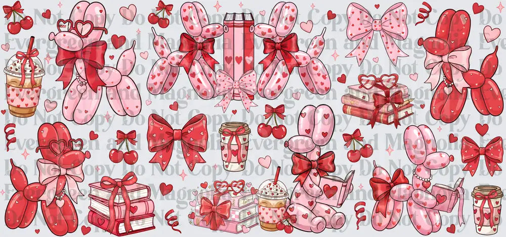 Valentine Balloon Dog Hearts Bows Coffee Books Sheet