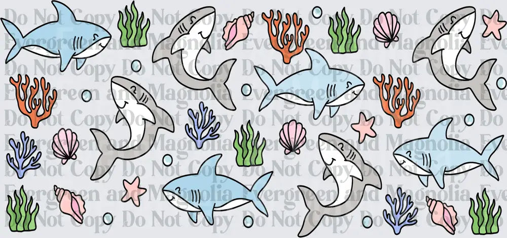 Cute Cartoon Sharks Coral Seaweed Ocean Pattern