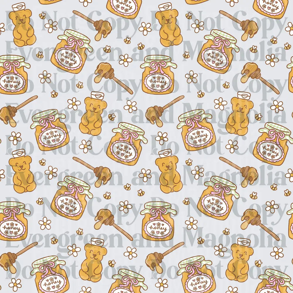 Cute Honey Bear Jar Dipper Bee Floral Seamless Pattern