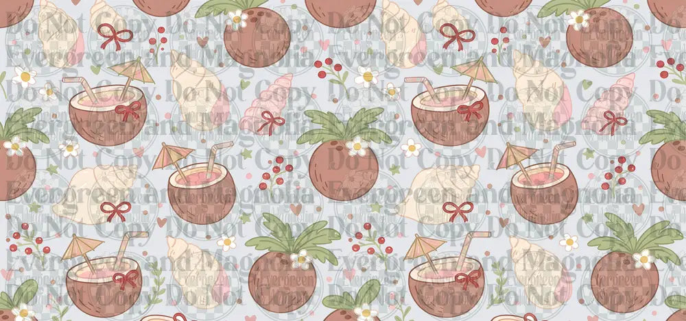 Tropical Coconut Drinks Seashells Floral Pattern