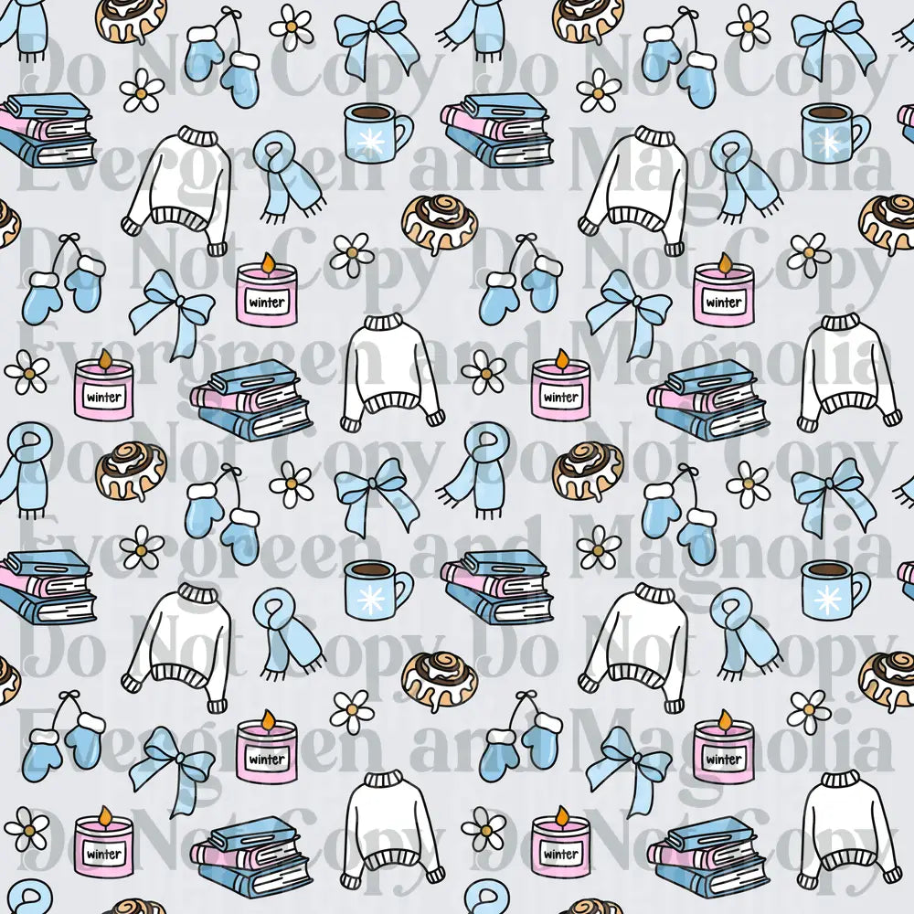Cozy Winter Pattern Sweaters Books Candles Mittens Bows