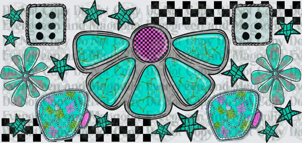 Turquoise Western Floral Retro Checkered Star Dice Gang