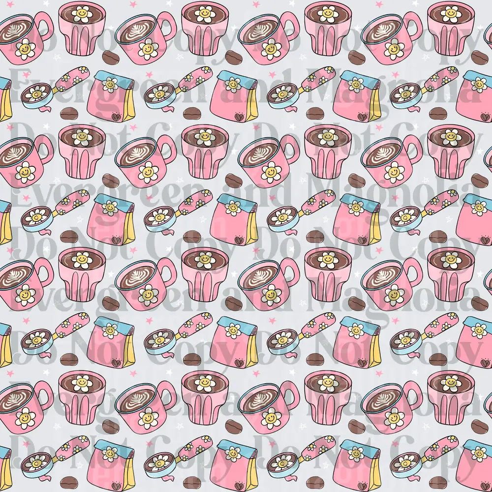Cute Pink Coffee Latte Daisy Flower Seamless Pattern