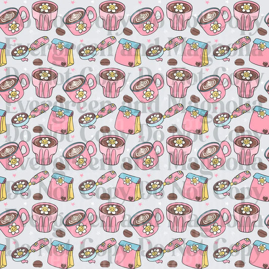 Cute Pink Coffee Latte Daisy Flower Seamless Pattern