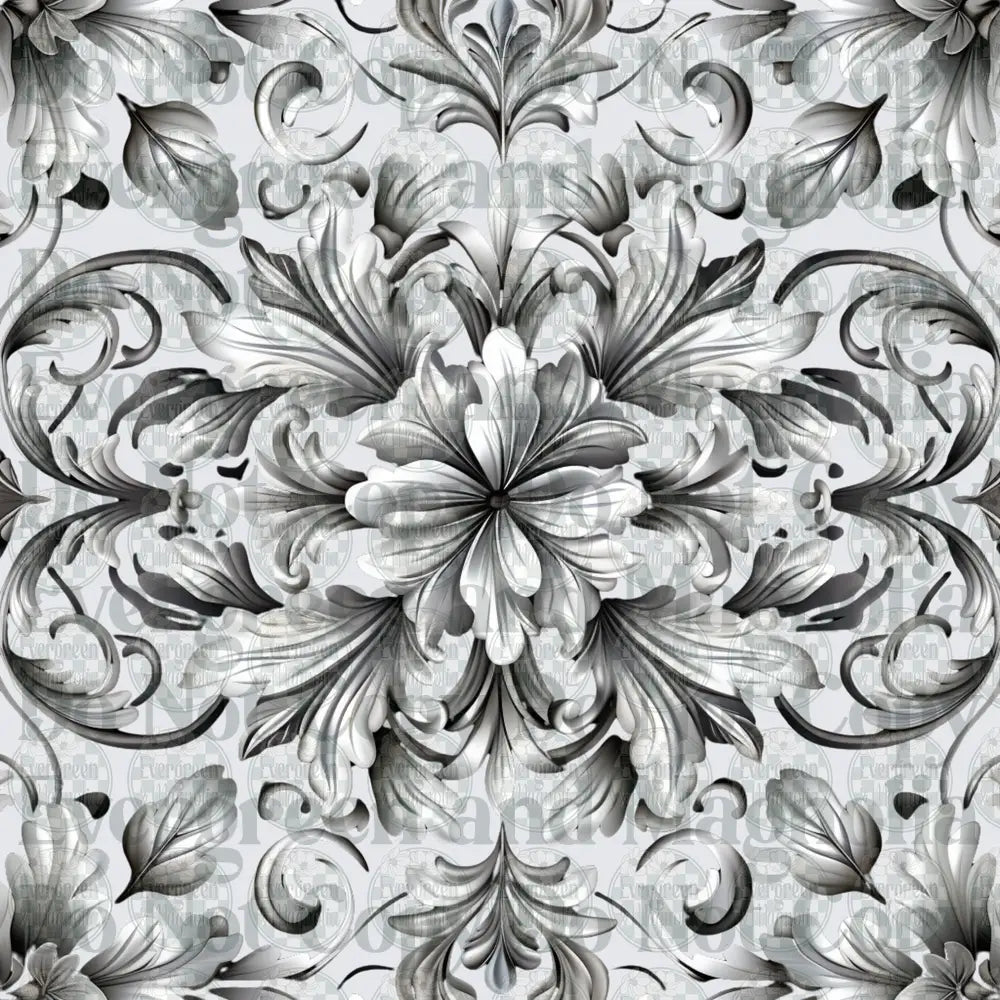 Black and White Baroque Floral Damask Medallion Pattern
