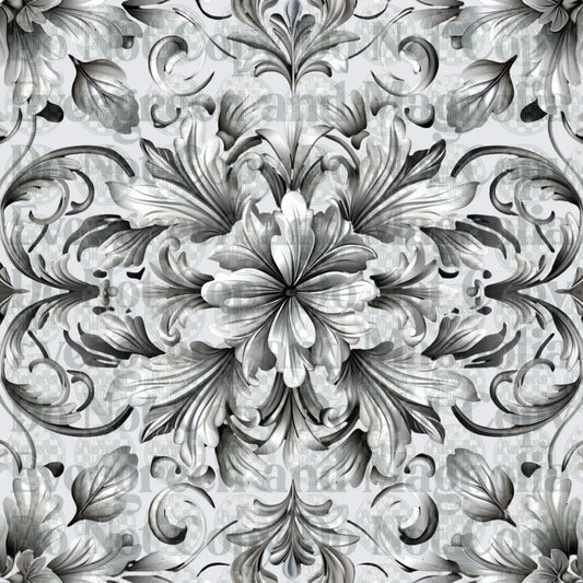 Black and White Baroque Floral Damask Medallion Pattern