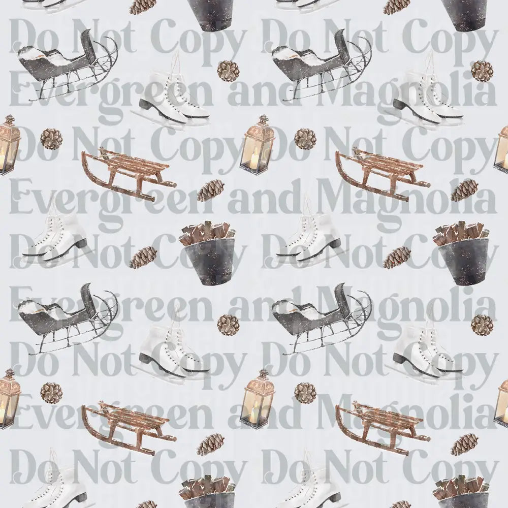 Vintage Winter Sleighs Ice Skates Pine Cones Lantern Pattern