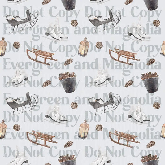 Vintage Winter Sleighs Ice Skates Pine Cones Lantern Pattern