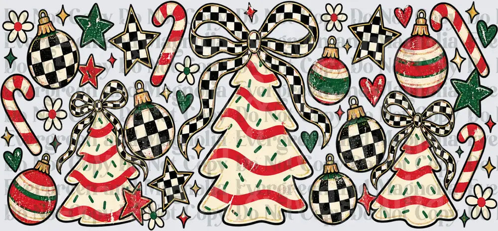 Retro Checkered Christmas Trees Ornaments Candy Cane Cluster