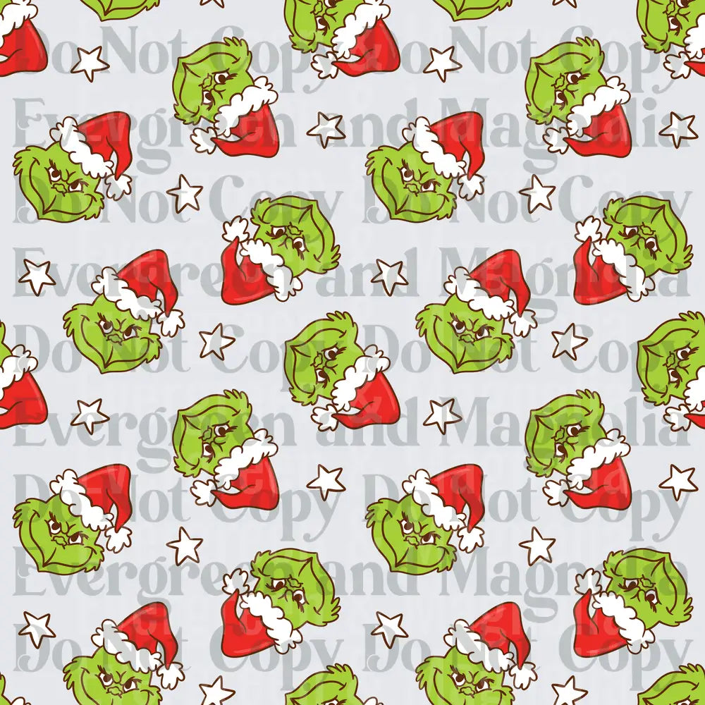 Grumpy Green Furry Santa Hat Character Christmas Pattern