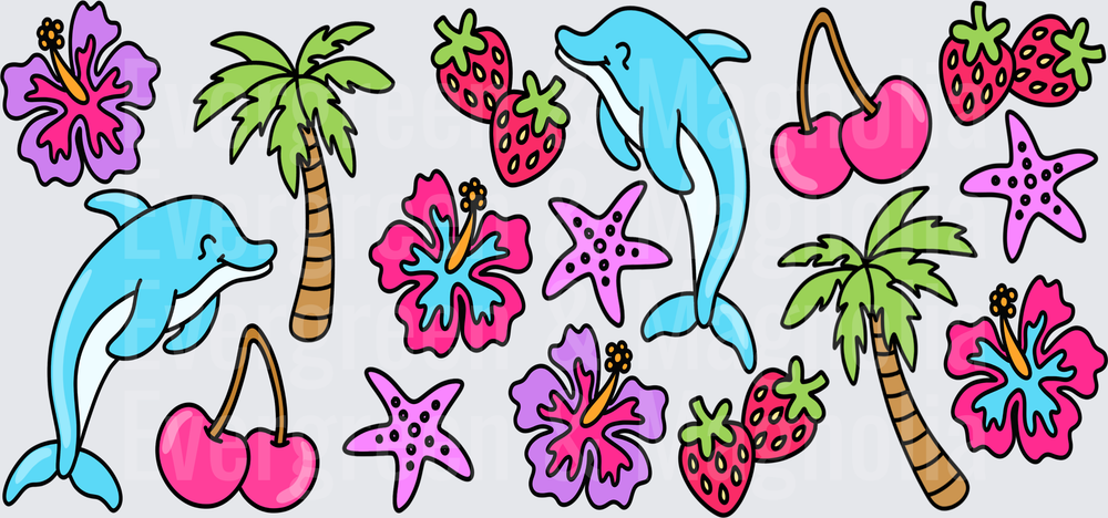 Tropical Summer Bundle Dolphins Hibiscus Fruits Starfish